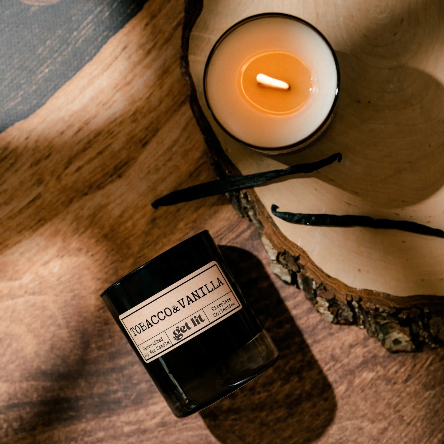 Lumanare parfumata soia fitil lemn Tabac Vanilie Get Lit cadou