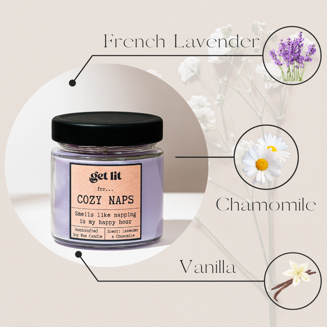 Lumanare parfumata din ceara de soia | Cadou Personalizat Get Lit | Parfum Lavanda Relaxanta | Cozy Naps